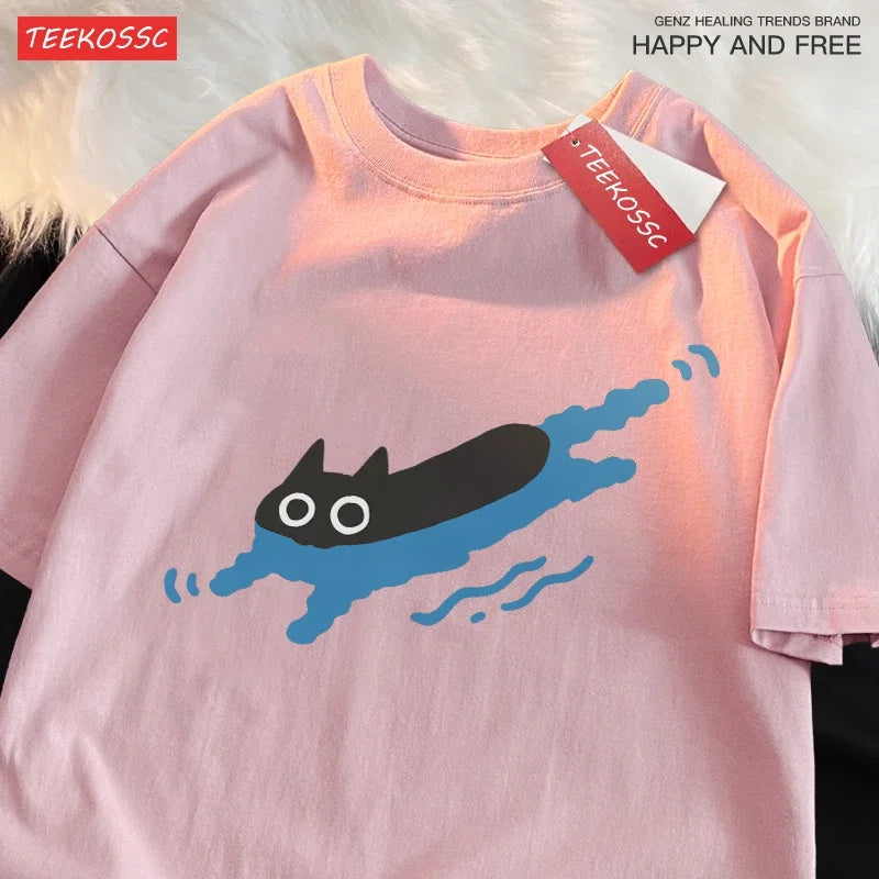 Black Cat Swimming T-Shirt