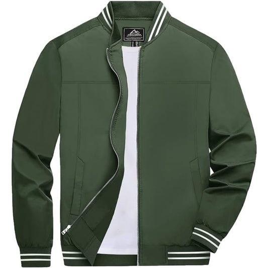 Men's Lightweight Zip-Up Bomber Jacket with Ribbed Collar and Cuffs - Versatile Casual Outerwear