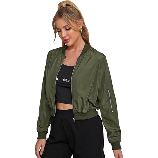Women's Lightweight Bomber Biker Jacket Zip up Windbreaker Crop Bomber Jacket Coat