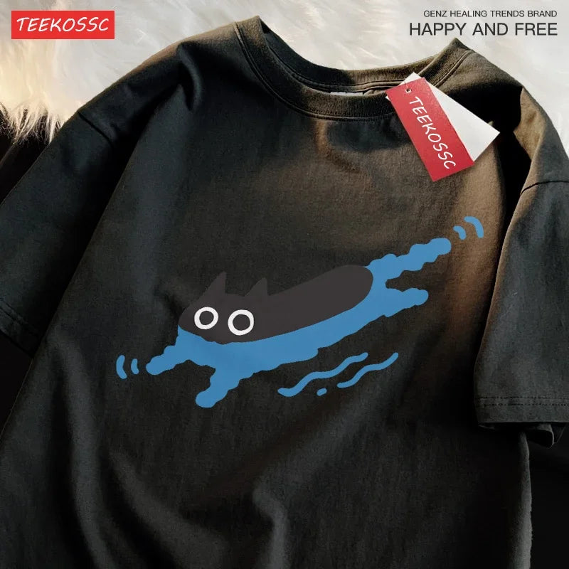 Black Cat Swimming T-Shirt