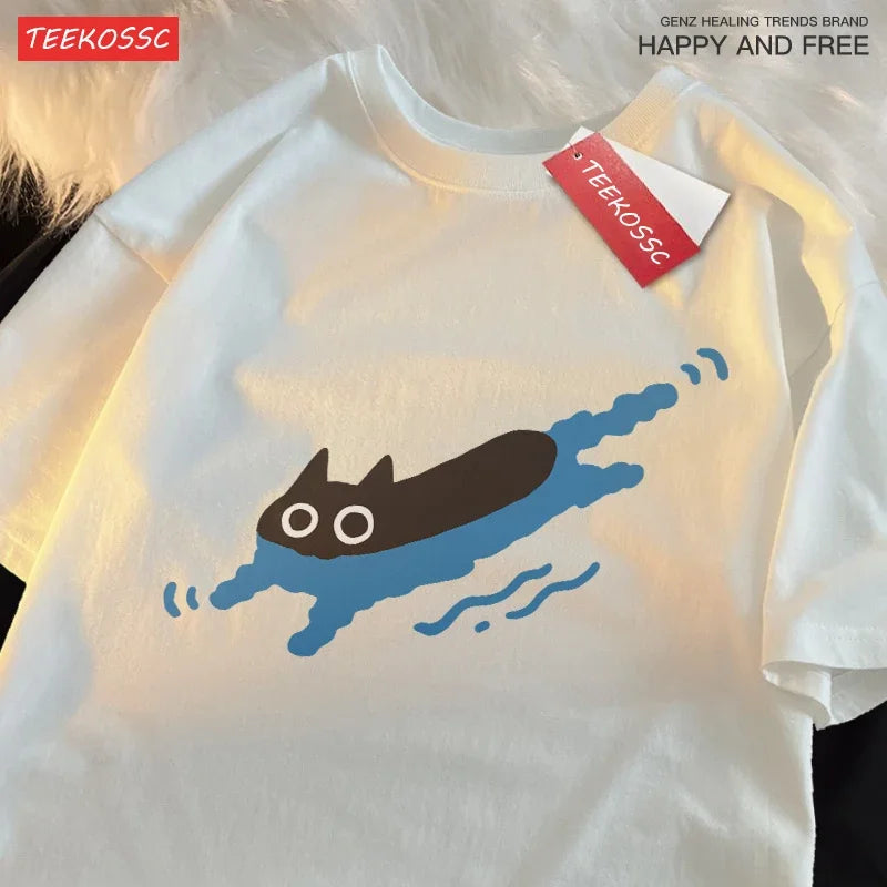 Black Cat Swimming T-Shirt