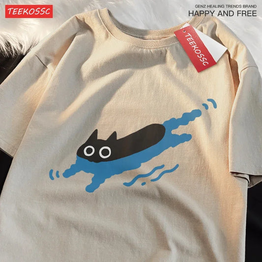 Black Cat Swimming T-Shirt